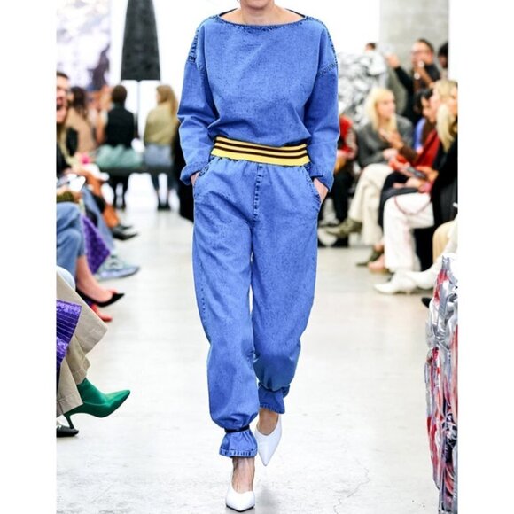 💕RACHEL COMEY💕 Doxa Pant Striped Elastic Waist Acid Wash Denim Navy Large NWT - Picture 3 of 16